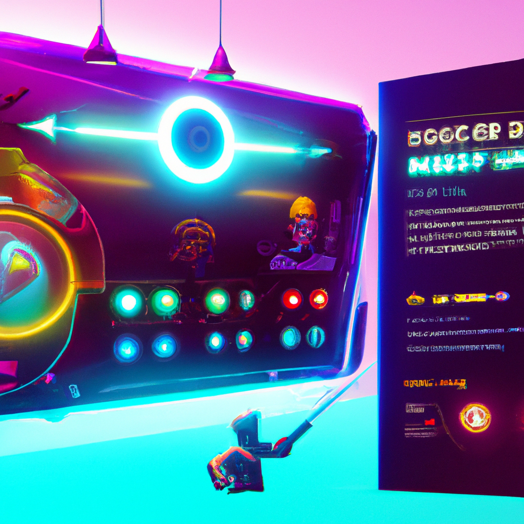ArcadeAtlas interface mock: neon gallery and HUD badges